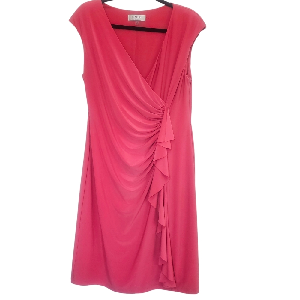 Kasper womens coral cap sleeve midi length ruffle front sheath dress size 14